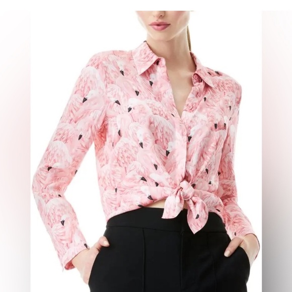 Alice + Olivia Willa Flamingo Printed Shirt, Size M - Picture 2 of 7